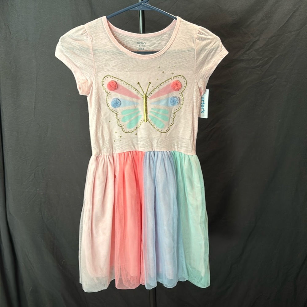 Carter’s kid colorful party dress with butterfly short sleeve size 8 BNWT